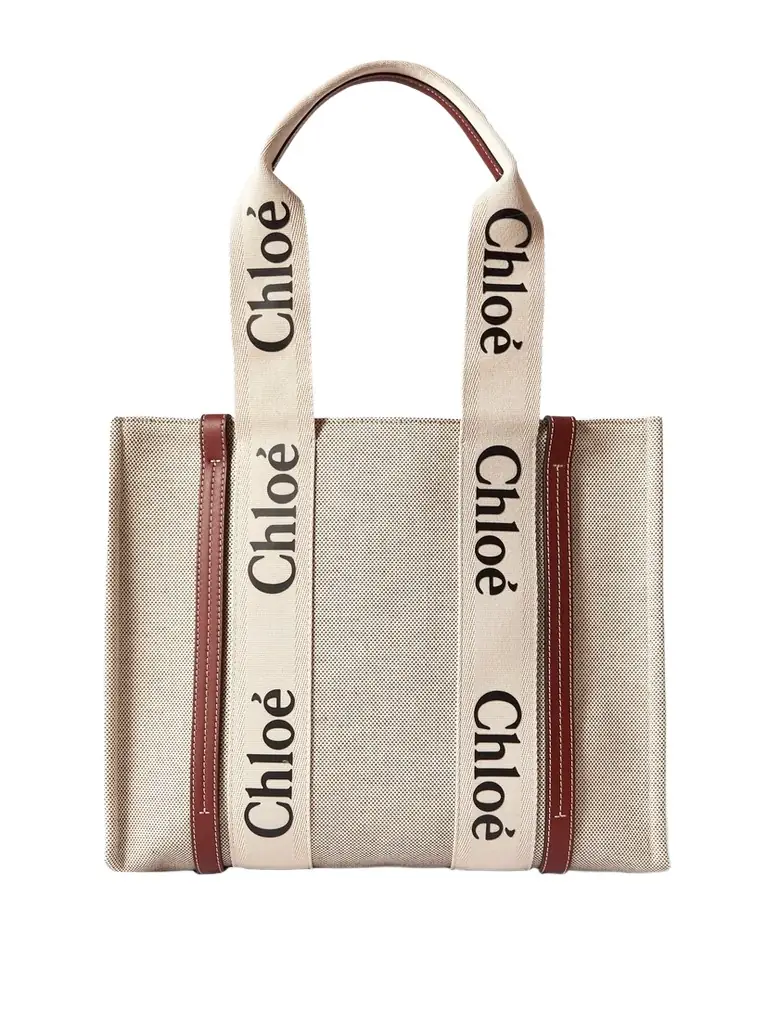 Chloé Woody Medium Leather And Webbing-trimmed Linen Tote