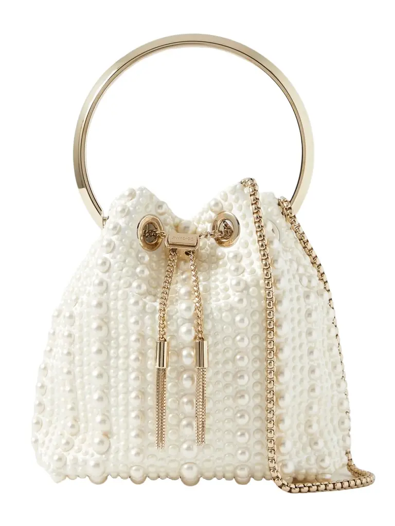 Jimmy Choo Bon Bon Faux Pearl-embellished Satin Bucket Bag