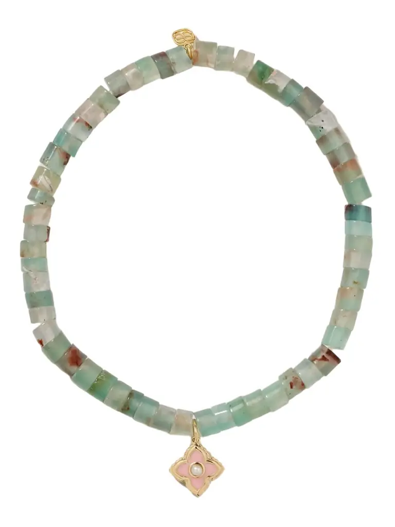 Sydney Evan Moroccan Flower 14-karat Gold, Aquaprase, Enamel And Pearl Bracelet