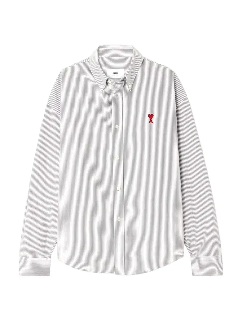 AMI PARIS Adc Embroidered Striped Cotton-poplin Shirt