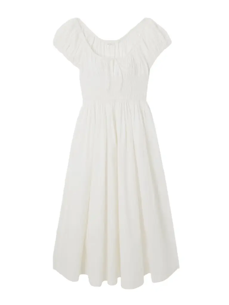 DÔEN Quinn Tie-detailed Shirred Organic Cotton-poplin Midi Dress