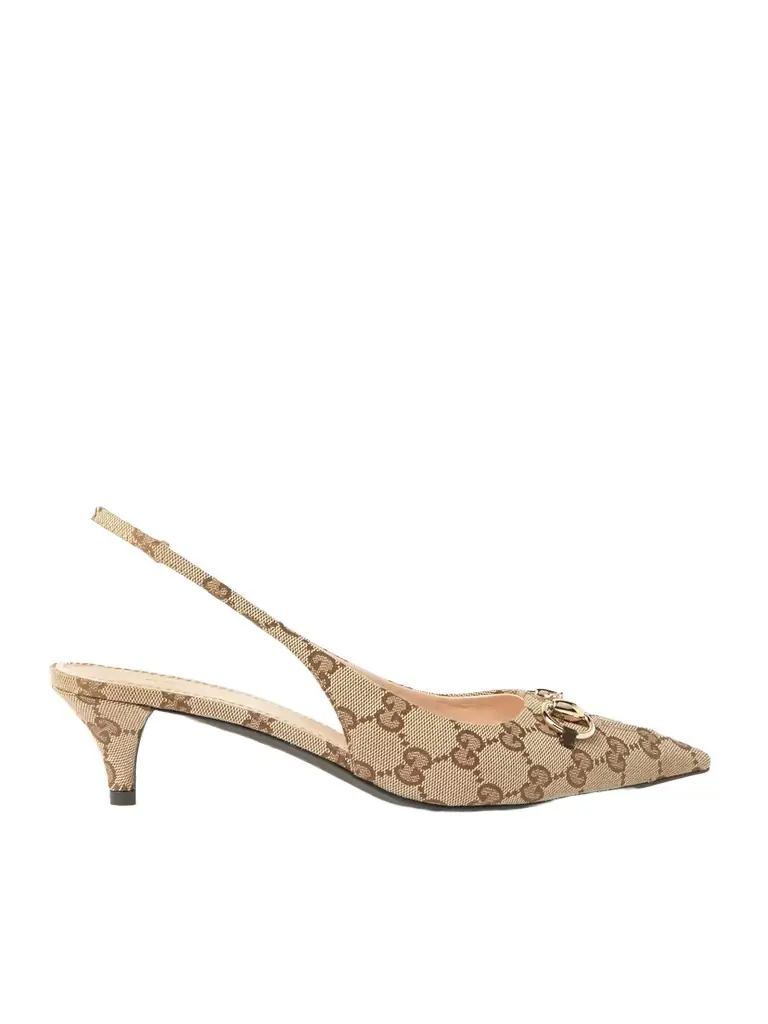 Gucci Erin Horsebit-embellished Canvas-jacquard Slingback Pumps