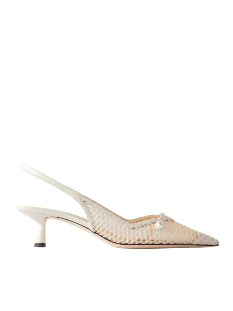 Jimmy Choo Amita 45 Faux-pearl Embellished Leather-trimmed Mesh Slingback Pumps