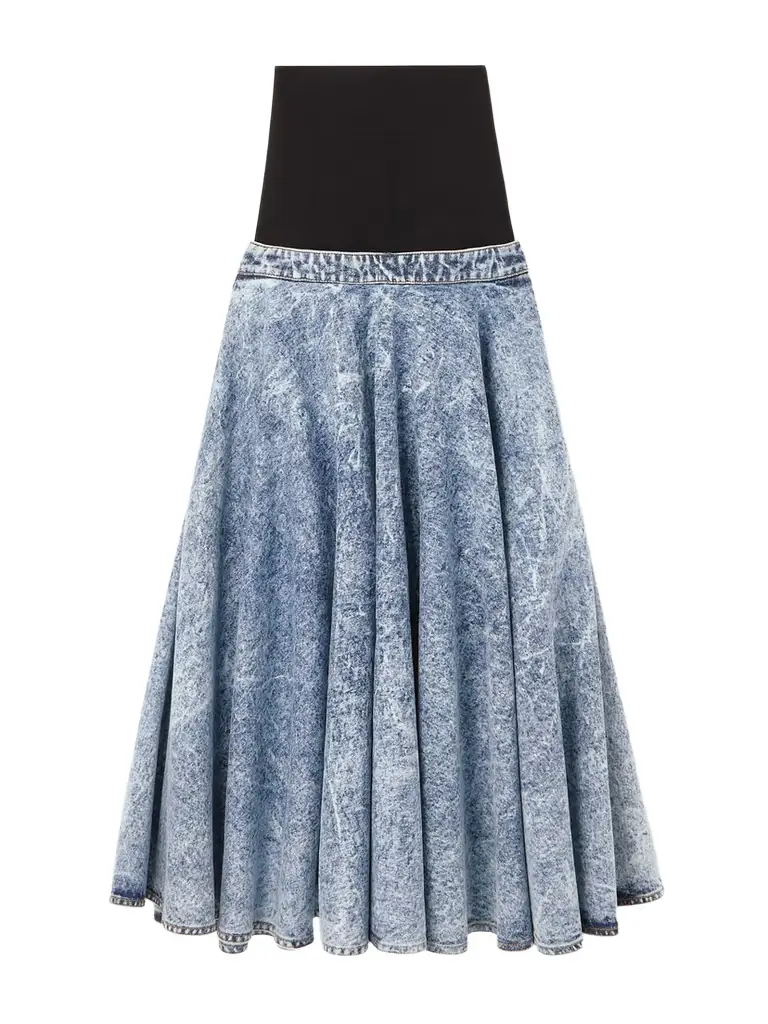 Alaïa Stretch-knit And Pleated Denim Midi Skirt