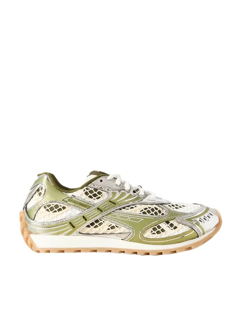 Bottega Veneta Orbit Metallic Rubber, Mesh And Fishnet Sneakers