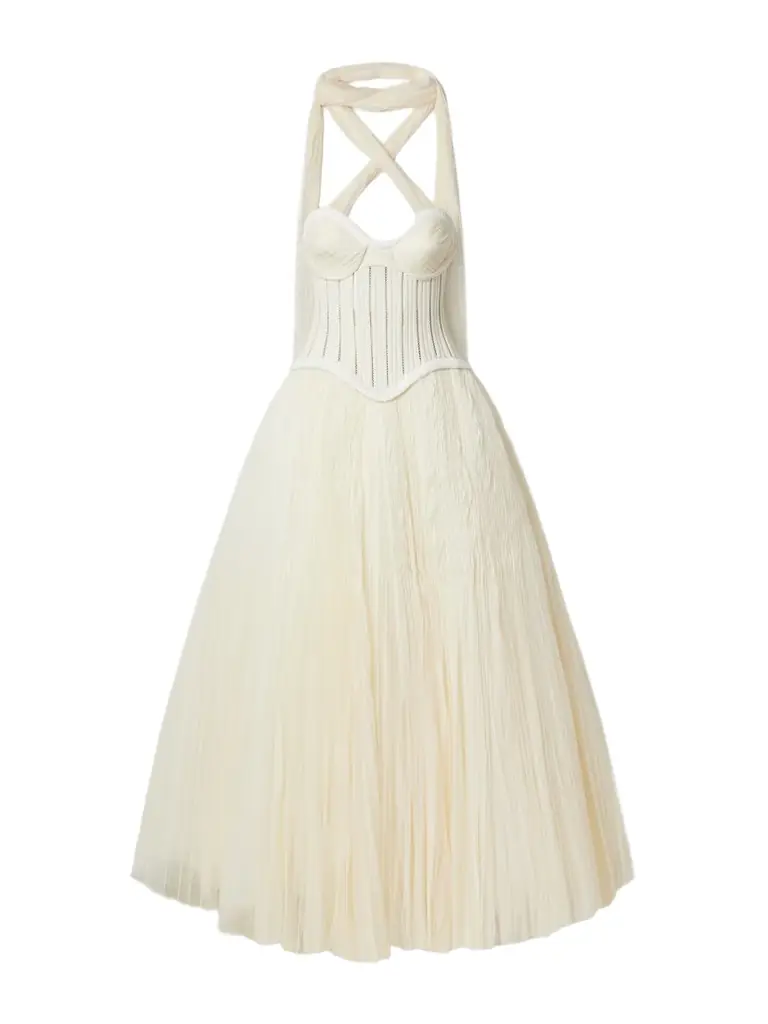 Danielle Frankel Anika Strapless Plissé Satin-trimmed Twill And Tulle Gown
