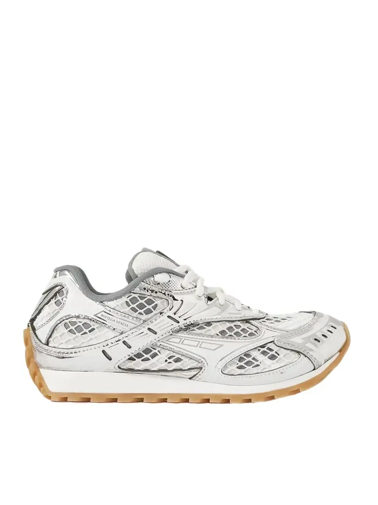 Bottega Veneta Orbit Metallic Rubber, Mesh And Fishnet Sneakers