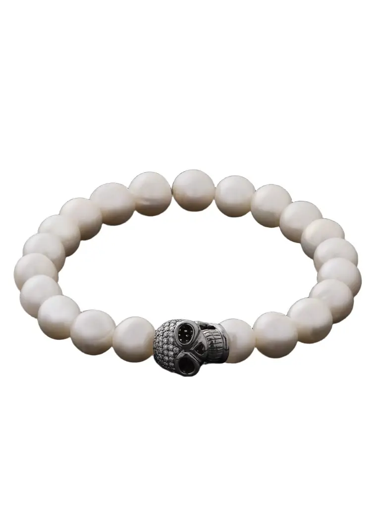 Sydney Evan Skull Rhodium-Plated, Diamond and Pearl Beaded Bracelet - Men