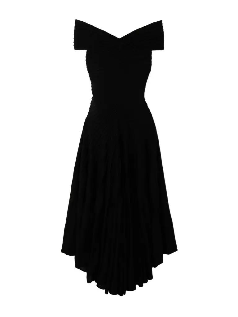 Alaïa Off-the-shoulder Asymmetric Ribbed Wool Midi Dress