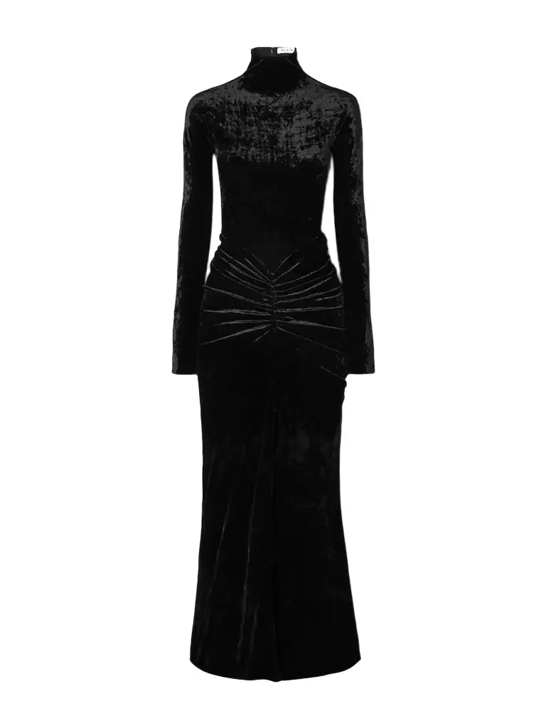 Alaïa Ruched Crushed-velvet Turtleneck Midi Dress