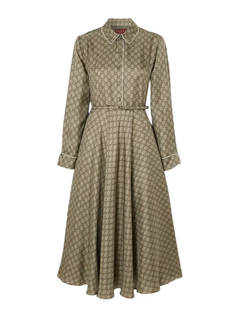 Gucci Belted Piped Printed Silk-twill Midi Shirt Dress