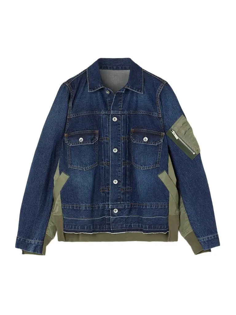 Sacai Paneled Distressed Denim And Shell Jacket