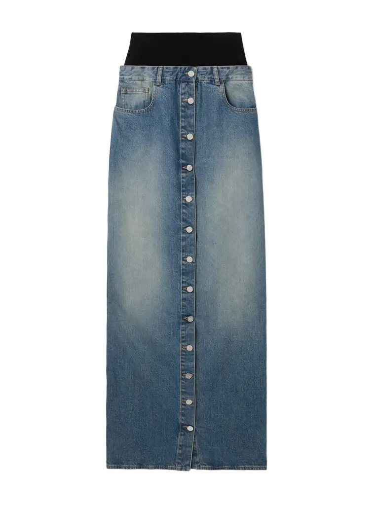 Alaïa Layered Jersey-trimmed Denim Maxi Skirt