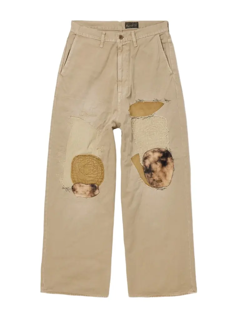 KAPITAL Katsuragi Port Straight-Leg Patchwork Distressed Cotton-Twill Trousers - Men