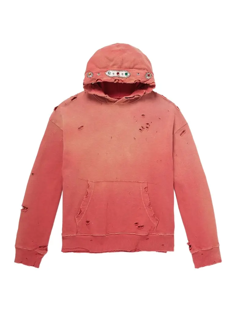 KAPITAL Embellished Suede-Trimmed Distressed Cotton-Jersey Hoodie - Men