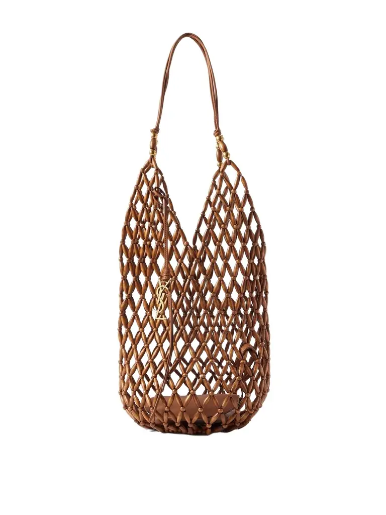 Saint Laurent Leather-trimmed Beaded Wood Tote