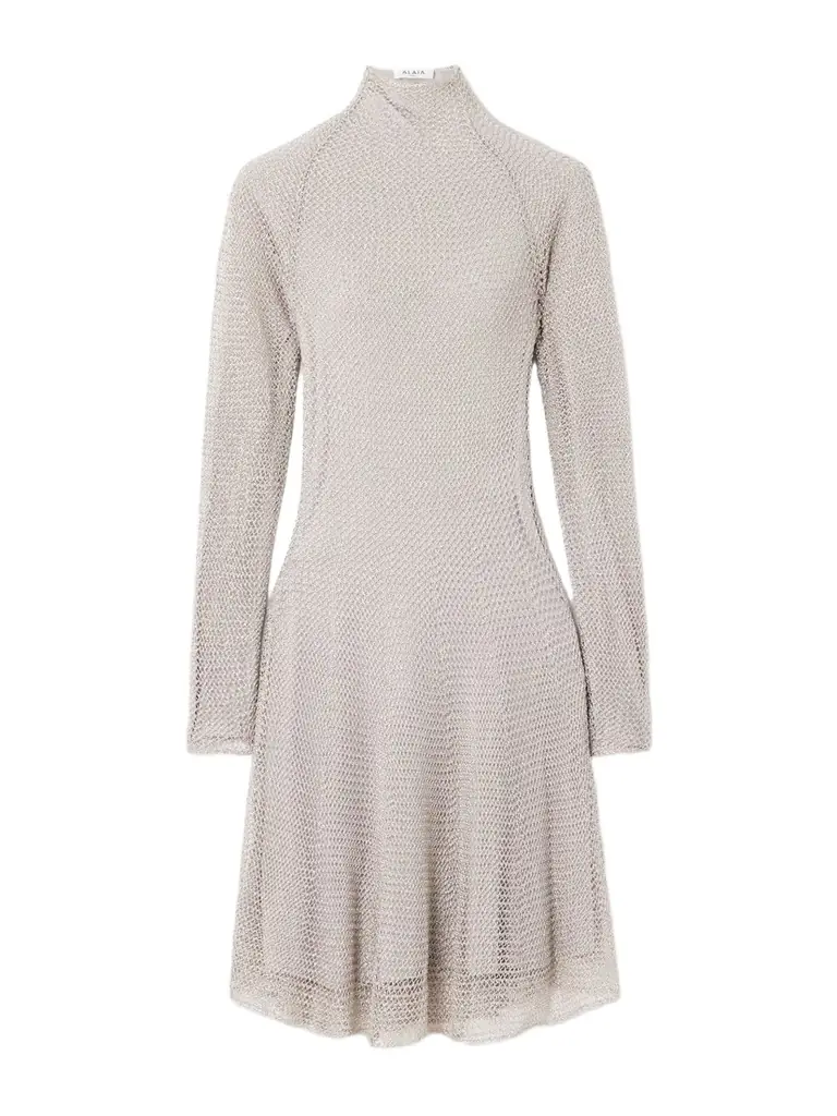 Alaïa Metallic Open-knit Turtleneck Mini Dress