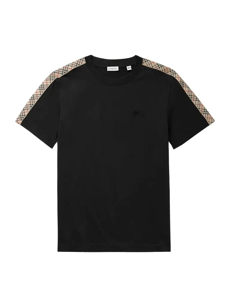 Burberry Logo-Embroidered Checked Jacquard-Trimmed Cotton-Jersey T-Shirt - Men