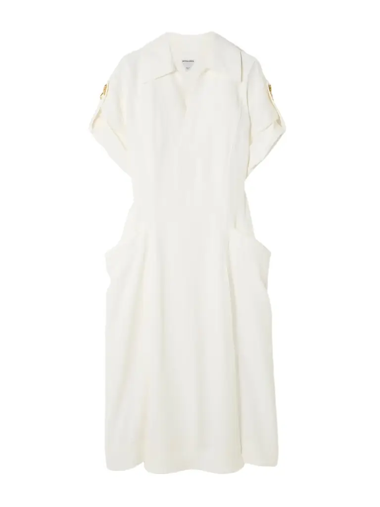 Bottega Veneta Embellished Pleated Woven Midi Dress