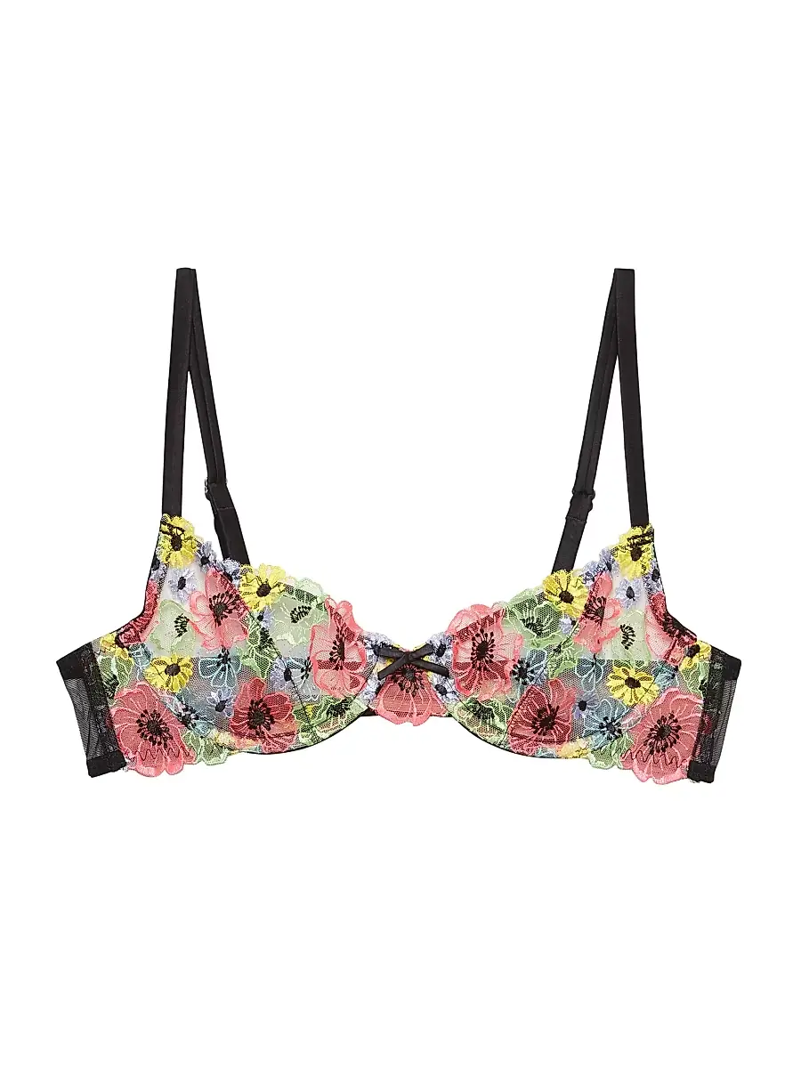 Fleur du Mal Women's Azalea Floral Embroidery Underwire Demi Bra - Black