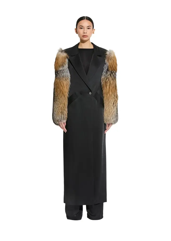 LAPOINTE Satin Double Breasted Coat With Fur