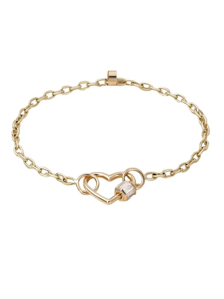 Marla Aaron Baguette Baby Heart Lock + Pulley Chain 14-karat Gold Diamond Bracelet