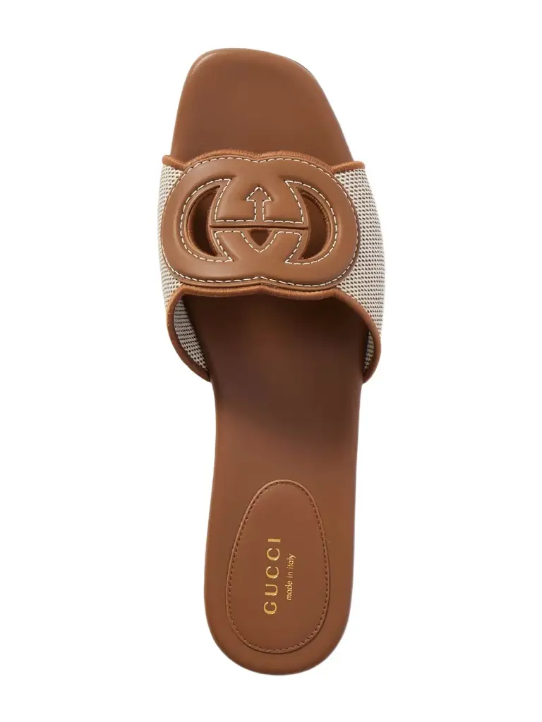 Canvas-trimmed Leather Slides