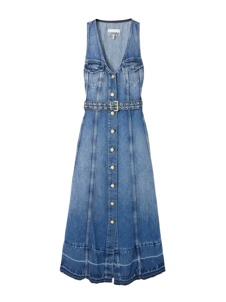 Ganni Belted Frayed Denim Midi Dress - Women's Clothing