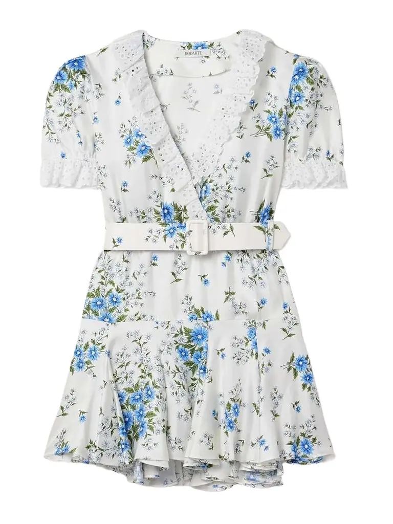 Rodarte Belted Broderie Anglaise Cotton-trimmed Floral-print Silk-twill Mini Dress - Women's Clothing