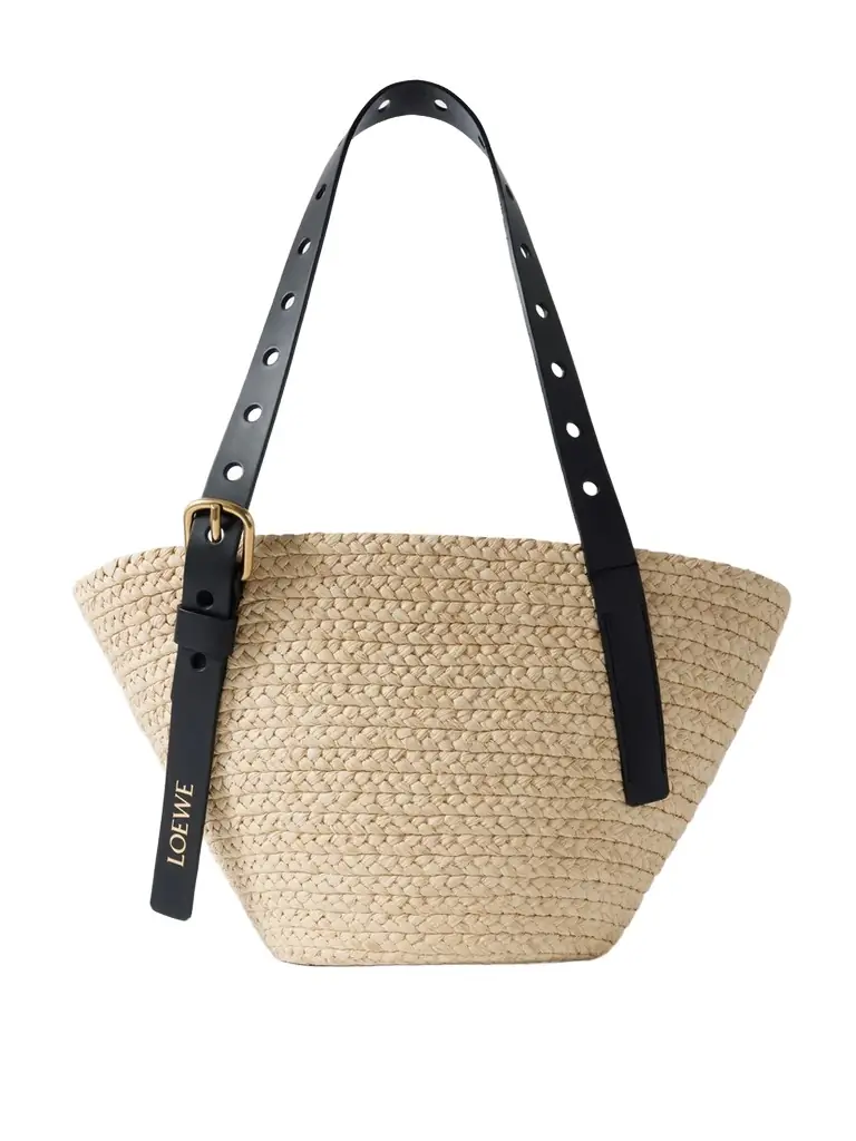 Loewe + Paula's Ibiza Punch Hole Small Leather-trimmed Raffia Tote