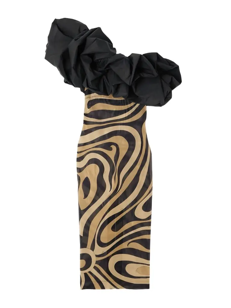 PUCCI Marmo One-shoulder Ruffled Cotton Poplin-trimmed Printed Mesh Maxi Dress - Women's Clothing