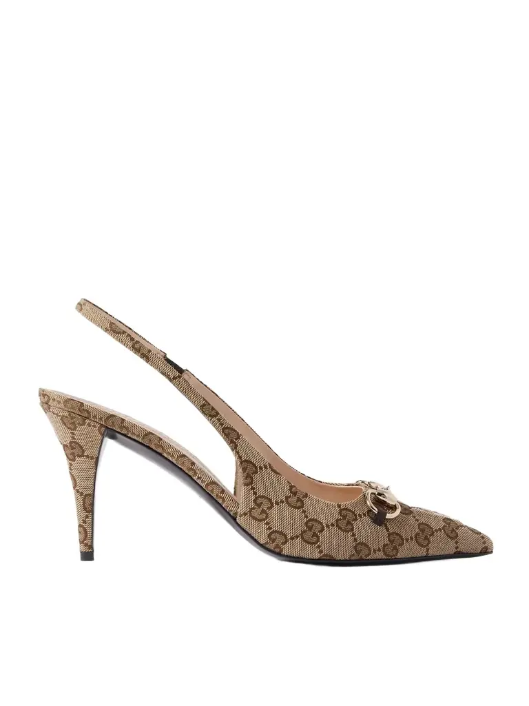 Gucci Erin Horsebit-detailed Canvas-jacquard Slingback Pumps