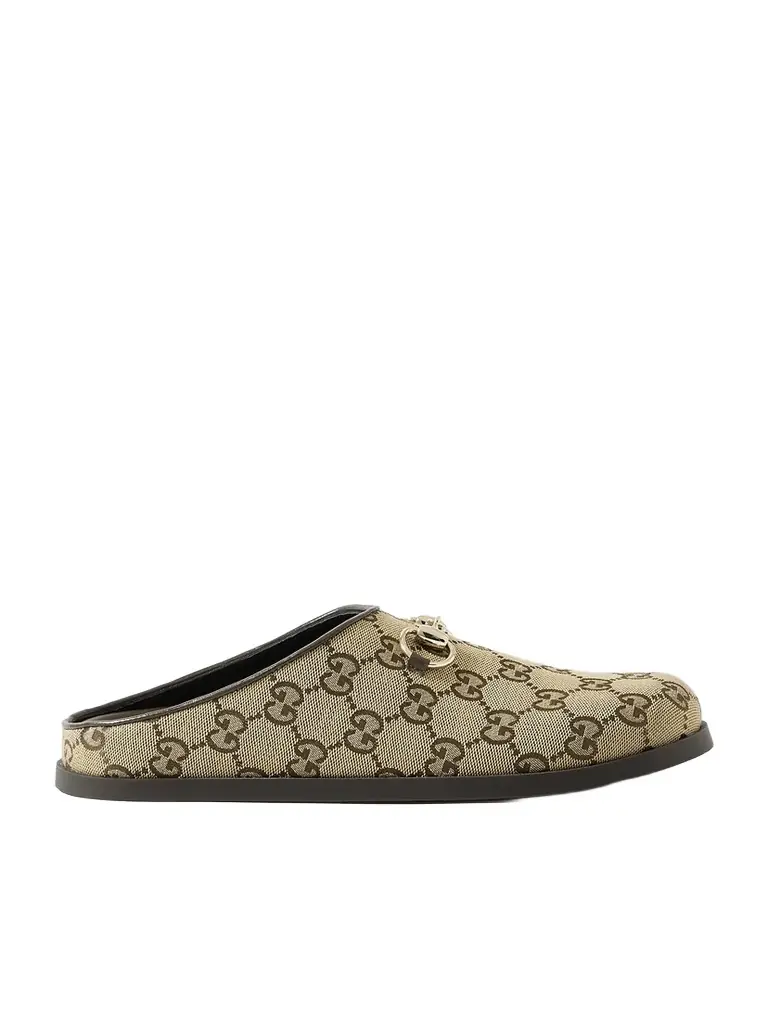 Gucci New Sol Horsebit-detailed Leather-trimmed Canvas-jacquard Slippers