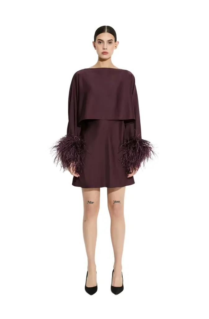 LAPOINTE Lightweight Satin Layered Mini Dress With Feathers