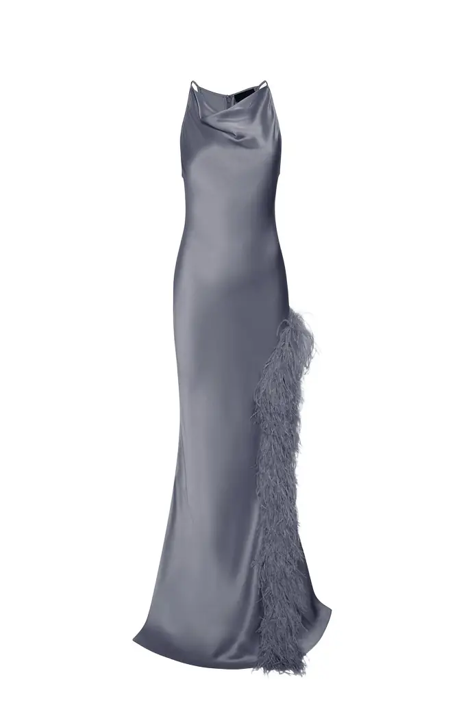 Satin Halter Gown With Feathers
