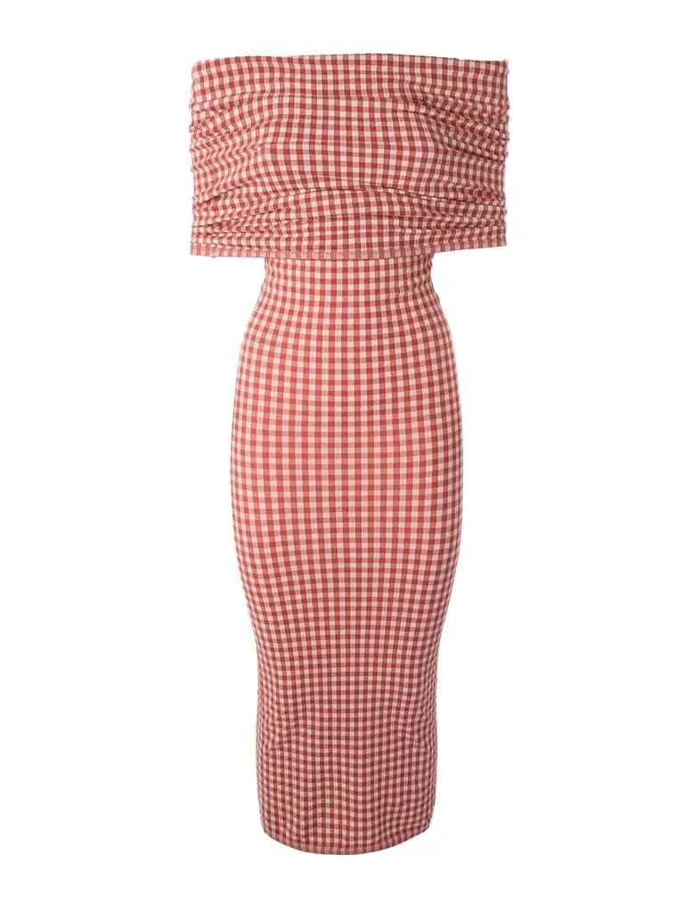 Alaïa Off-the-shoulder Checked Stretch-knit Midi Dress