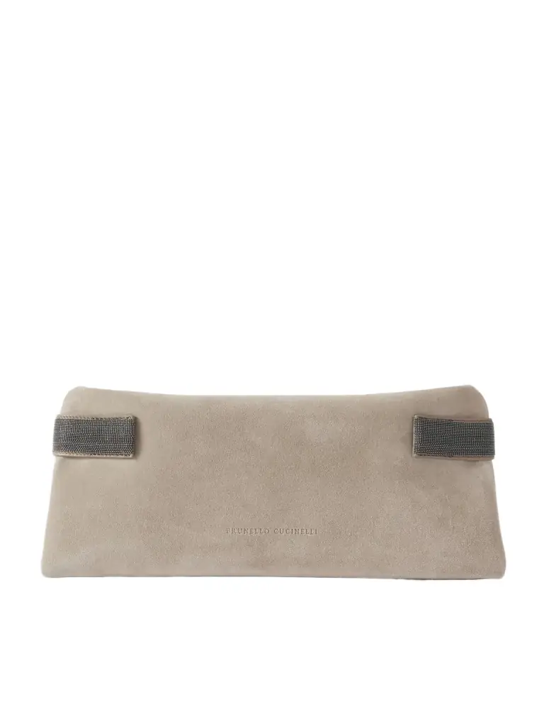 Brunello Cucinelli Bead-embellished Leather-trimmed Suede Clutch