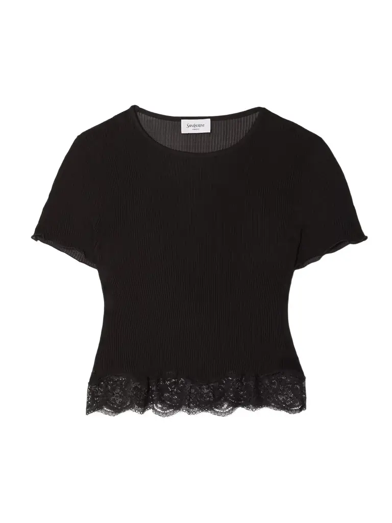 Saint Laurent Cropped Lace-trimmed Ribbed Silk Top