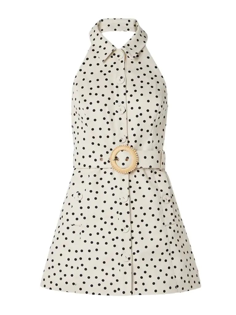 cara cara denim dress Parker Belted Polka-dot Denim Halterneck Mini Dress