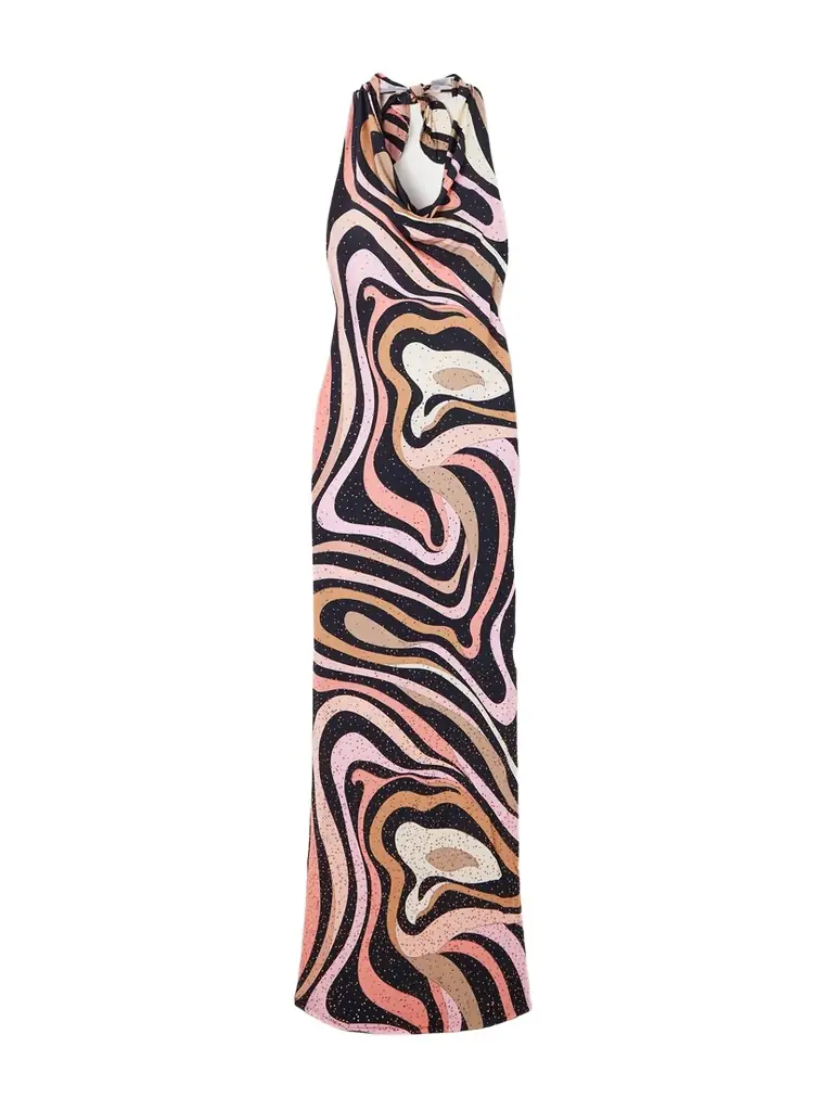 PUCCI Marmo Crystal-embellished Printed Satin-jersey Halterneck Maxi Dress
