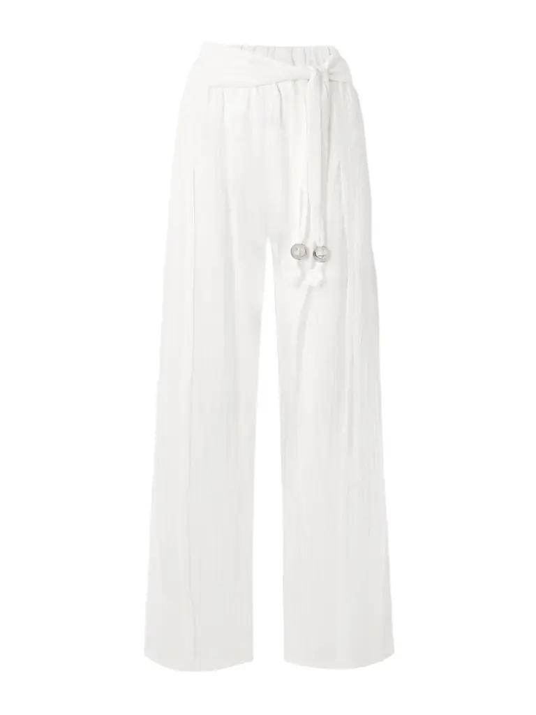 Lisa Marie Fernandez Embellished Belted Crinkled Linen-blend Gauze Wide-leg Pants