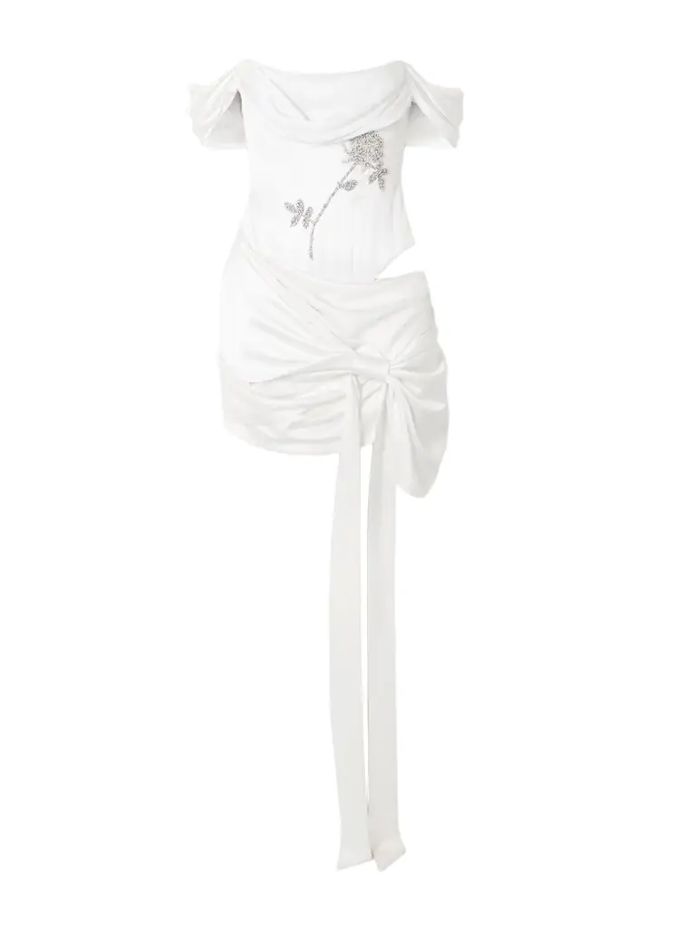Clio Peppiatt Paloma Convertible Draped Embellished Satin Mini Dress