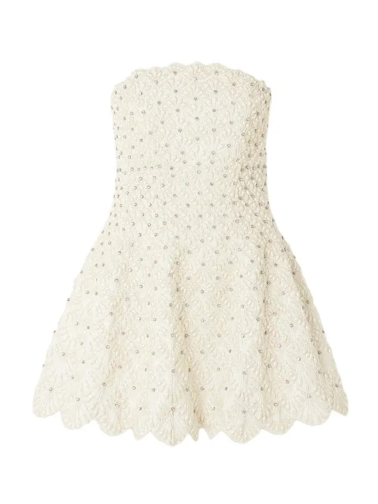 Clio Peppiatt Scallop Strapless Embellished Taffeta Mini Dress