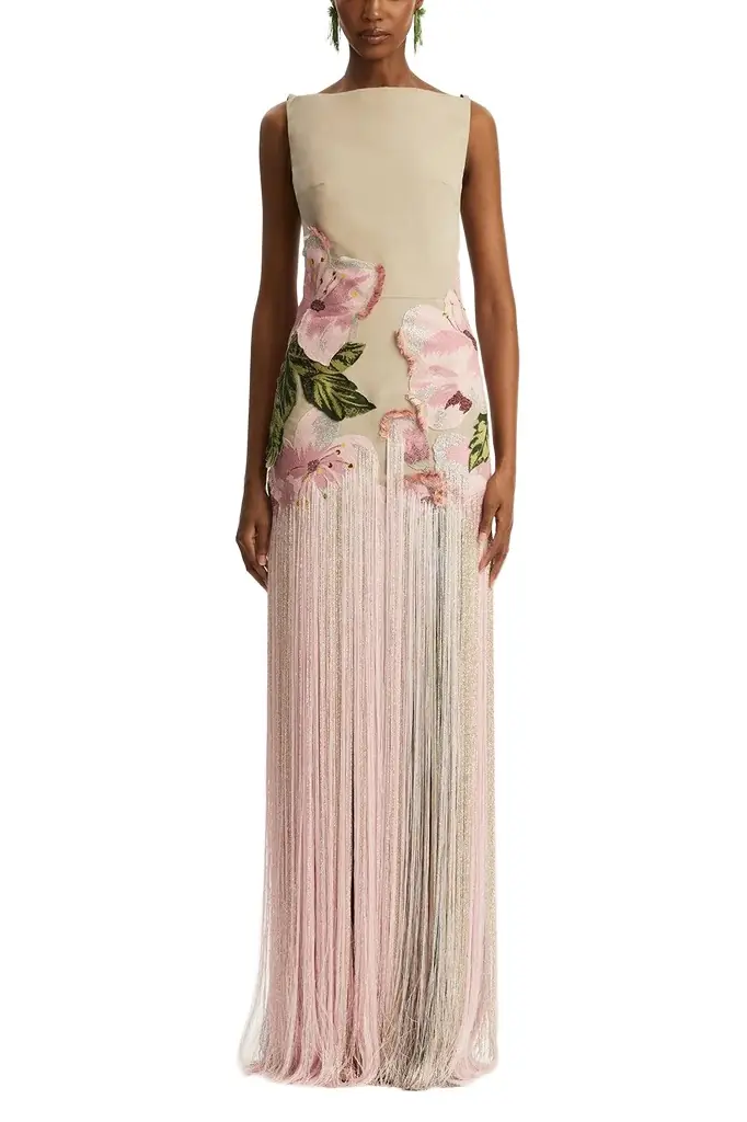 Oscar de la Renta Sleeveless Embroidered Fringe Gown