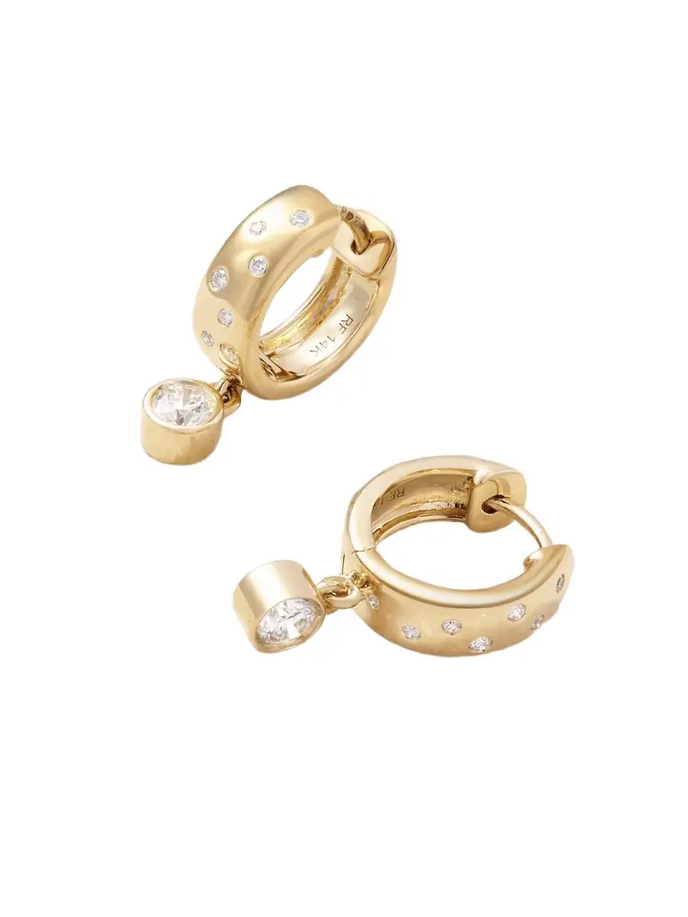Roxanne First Polka-dot Drop 14-karat Gold Diamond Hoop Earrings