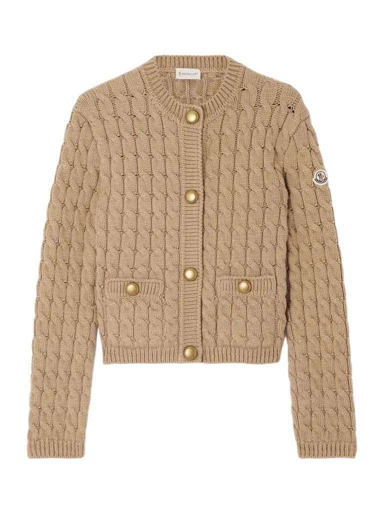 Moncler Appliquéd Cable-knit Cotton-blend Cardigan