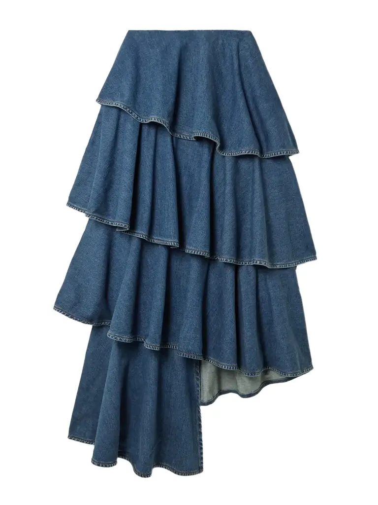 Alaïa Asymmetric Ruffled Tiered Denim Skirt