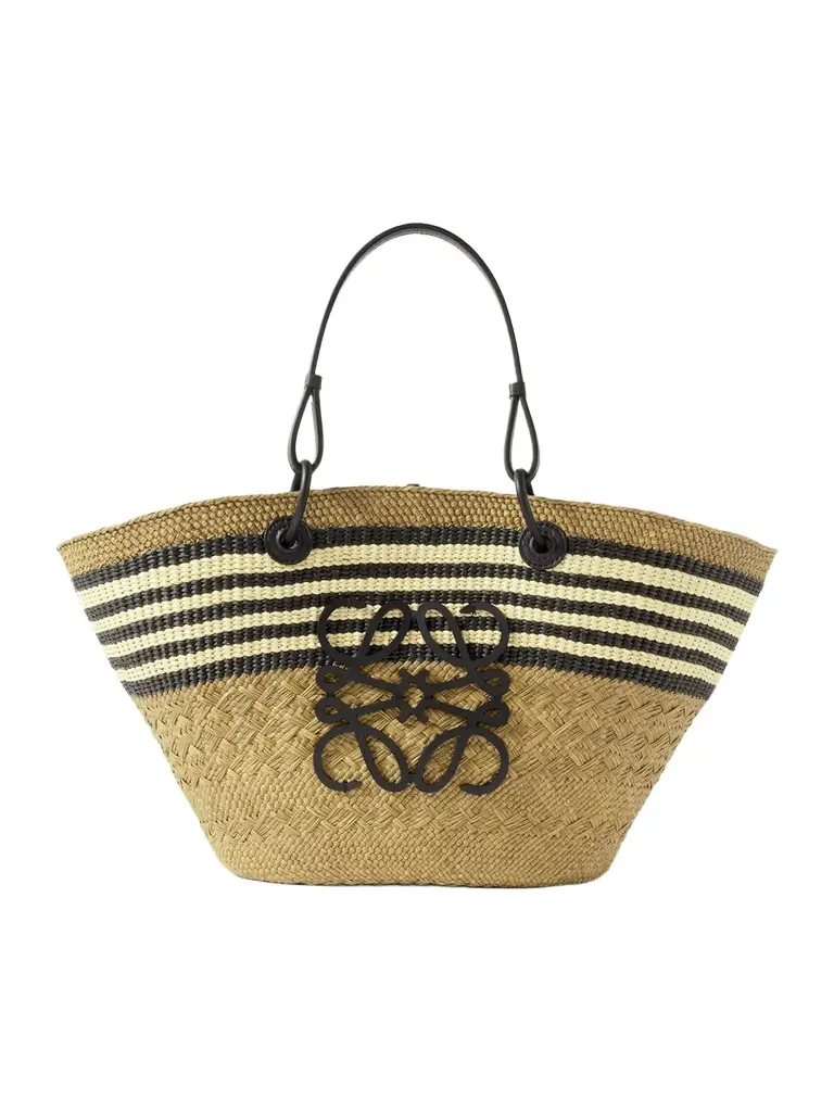 Loewe + Paula's Ibiza Anagram Basket Medium Leather-trimmed Striped Raffia Tote