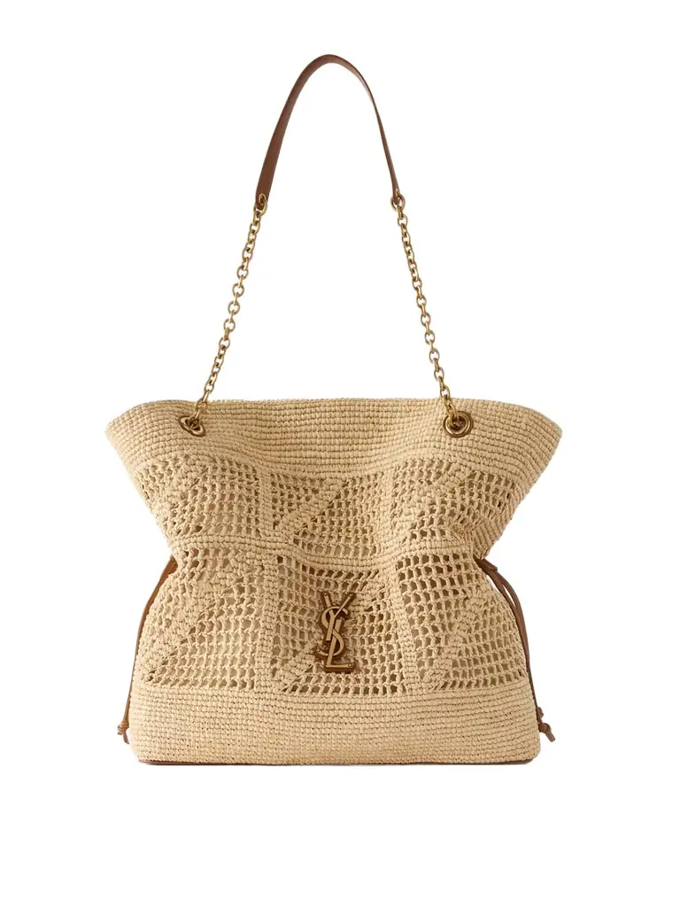 Jamie Shopping Leather-trimmed Raffia Shoulder Bag