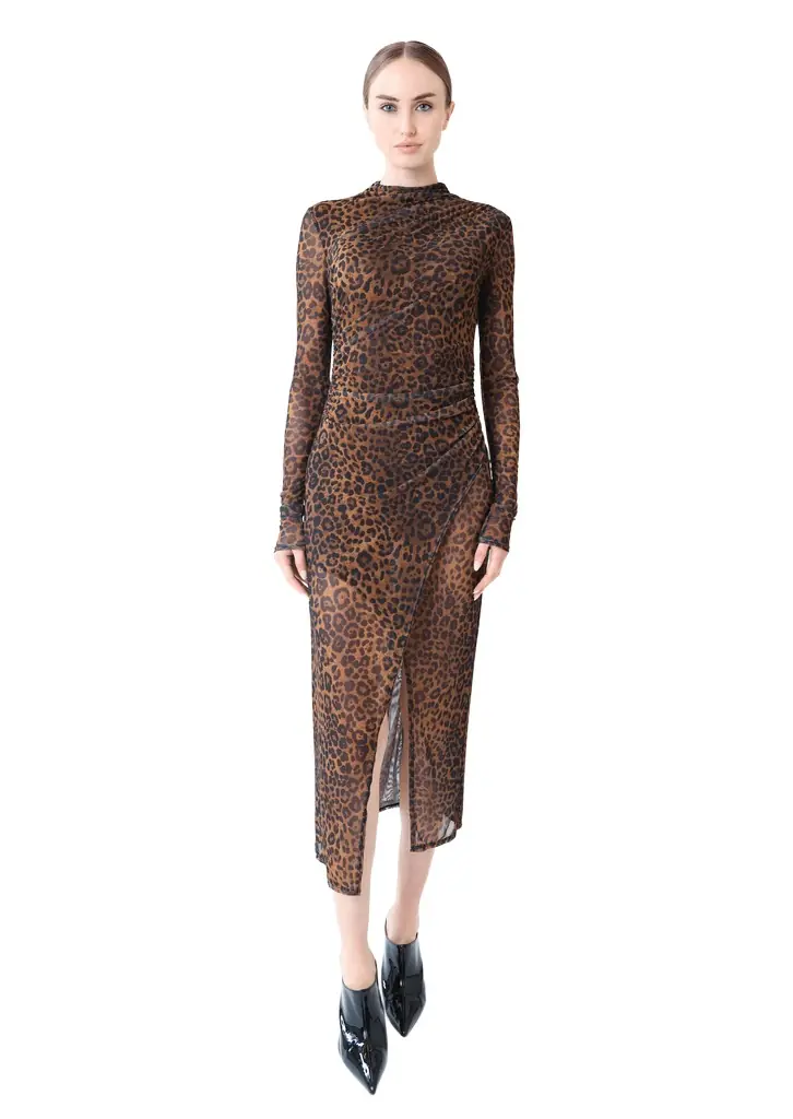 LAPOINTE Printed Mesh Draped Midi Dress